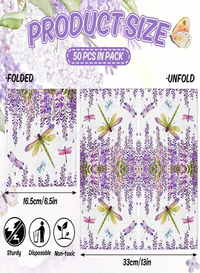 JarThenaAMCS مناديل ورقية من JarThenaAMCS، 50 قطعة، بنقشة زهور الوستارية الأرجوانية واليعسوب، مثالية للغداء والعشاء والحلويات، ومناسبة لحفلات الزفاف وأعياد الميلاد في فصل الربيع. - Image 2